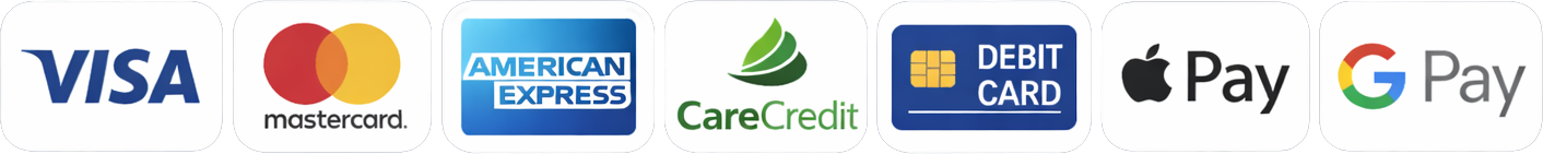 Accepted payment methods: Visa, Mastercard, American Express, CareCredit, Debit Card, Apple Pay, Google Pay